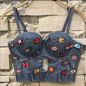 Push Up Denim Bustier Ripped Jean Cropped Top